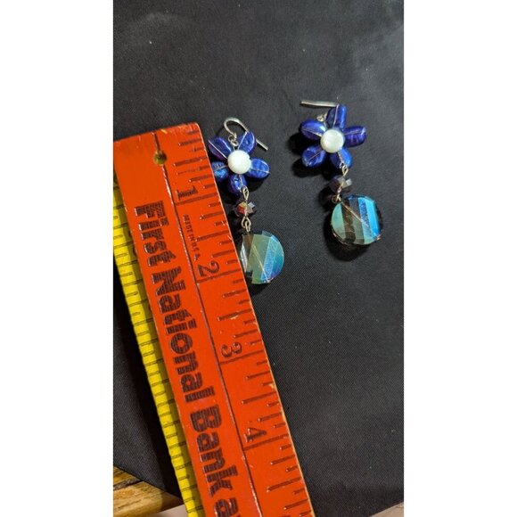 Blue & White Floral Beaded Dangle Earrings With Faceted Crystal Pendants c - Picture 5 of 5